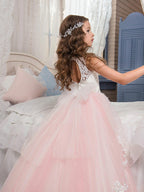 Robes longues de princesse en dentelle et tulle sans manches à col bijou pour demoiselles d'honneur