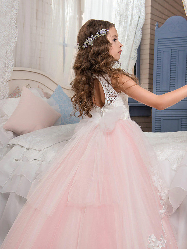 Vestidos largos de princesa para niña de las flores, de encaje, tul, sin mangas y con cuello joya.