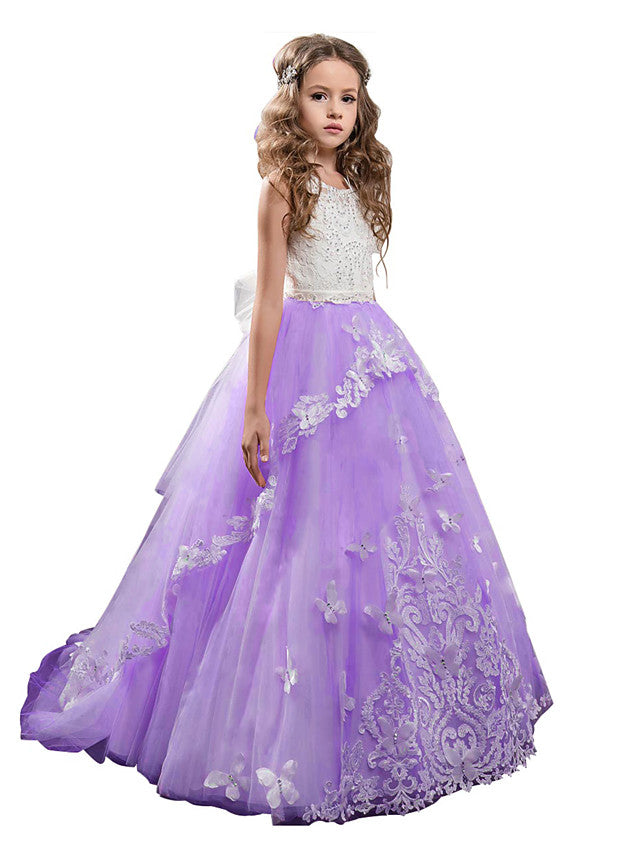 Vestidos largos de princesa para niña de las flores, de encaje, tul, sin mangas y con cuello joya.