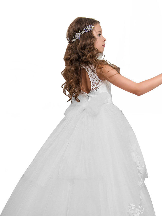 Vestidos largos de princesa para niña de las flores, de encaje, tul, sin mangas y con cuello joya.