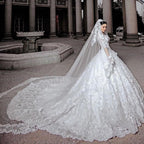 Vestido de novia largo de princesa con mangas, tul, cuentas, apliques de encaje y tul.