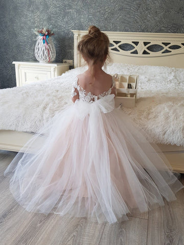 Long Princess Tulle Boho Flower Girl Dresses with Sleeves
