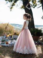 Vestidos largos de princesa de tul con cuello joya de algodón para fiestas, cumpleaños y concursos de belleza de niñas de las flores