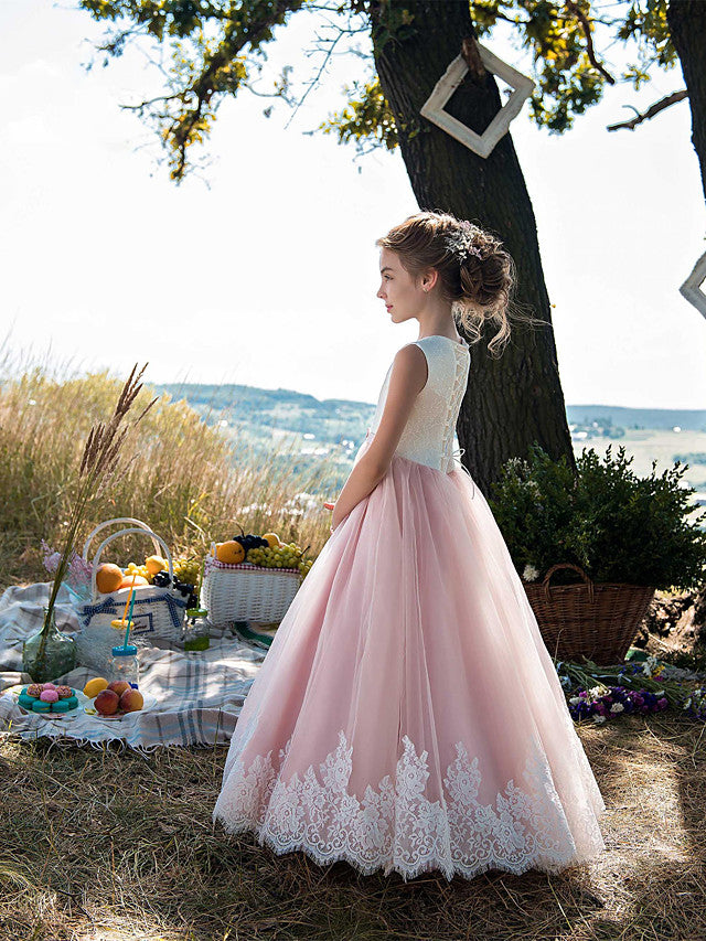 Vestidos largos de princesa de tul con cuello joya de algodón para fiestas, cumpleaños y concursos de belleza de niñas de las flores
