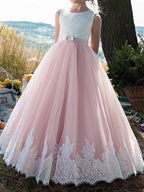 Vestidos largos de princesa de tul con cuello joya de algodón para fiestas, cumpleaños y concursos de belleza de niñas de las flores