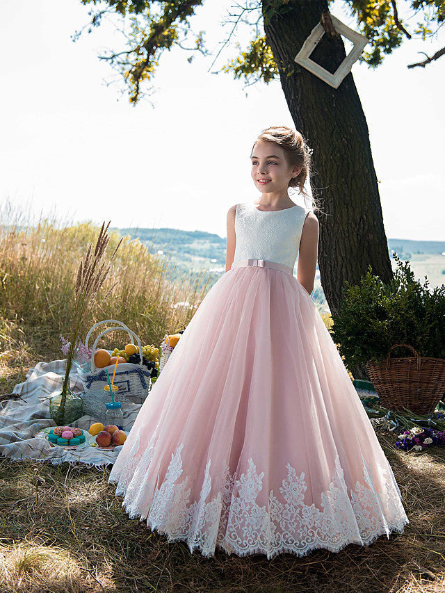 Vestidos largos de princesa de tul con cuello joya de algodón para fiestas, cumpleaños y concursos de belleza de niñas de las flores