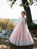Vestidos largos de princesa de tul con cuello joya de algodón para fiestas, cumpleaños y concursos de belleza de niñas de las flores
