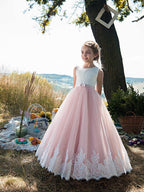 Vestidos largos de princesa de tul con cuello joya de algodón para fiestas, cumpleaños y concursos de belleza de niñas de las flores