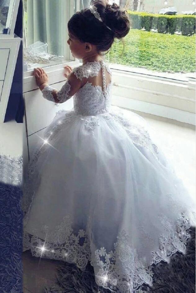 Vestidos largos de princesa para niña de las flores, de tul, encaje, escote redondo y mangas.