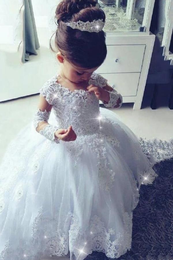 Vestidos largos de princesa para niña de las flores, de tul, encaje, escote redondo y mangas.