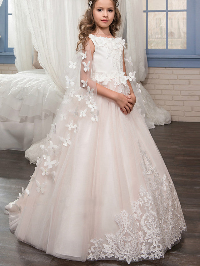 Vestidos largos de princesa de tul sin mangas con escote barco para bodas, cumpleaños, concursos y damitas de honor.
