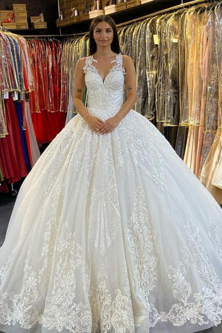 Vestido de novia largo de princesa con escote en V, apliques de encaje y espalda descubierta