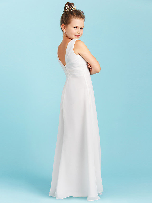 Vestido largo de corte sirena con cuello joya para niña de las flores, espalda descubierta, de gasa, ideal para damas de honor junior.