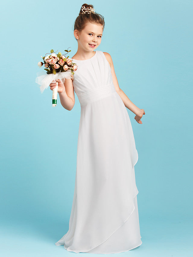 Vestido largo de corte sirena con cuello joya para niña de las flores, espalda descubierta, de gasa, ideal para damas de honor junior.