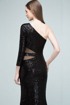 Long Sheath Sequined One-shoulder Prom Dresses with One-sleeve