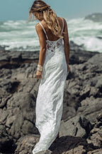 Robe de mariée fourreau longue à fines bretelles en dentelle pour la plage WD133
