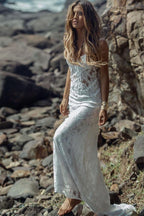 Robe de mariée fourreau longue à fines bretelles en dentelle pour la plage WD133