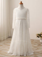 Vestidos largos de corte recto con escote en V para bodas, cumpleaños, fiestas y niñas de las flores, con mangas.