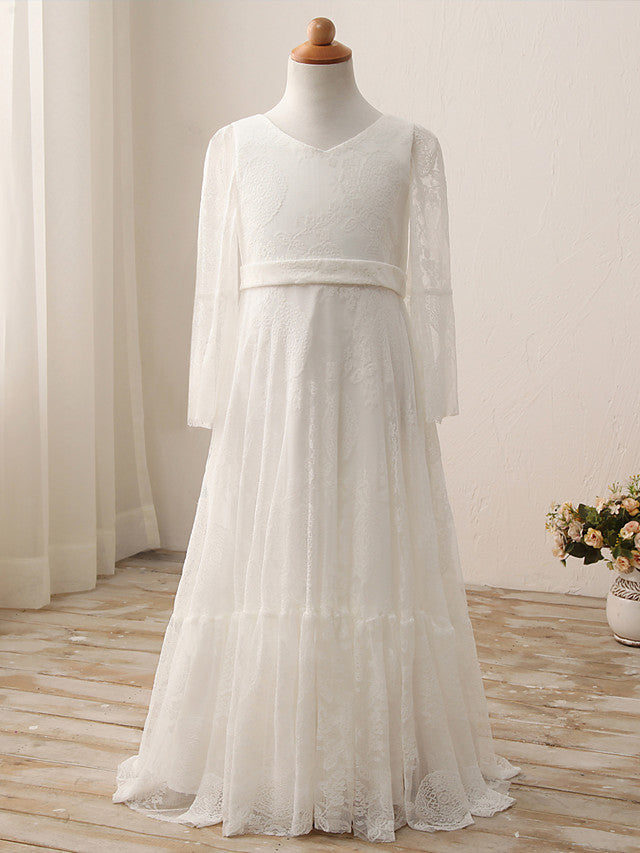 Vestidos largos de corte recto con escote en V para bodas, cumpleaños, fiestas y niñas de las flores, con mangas.