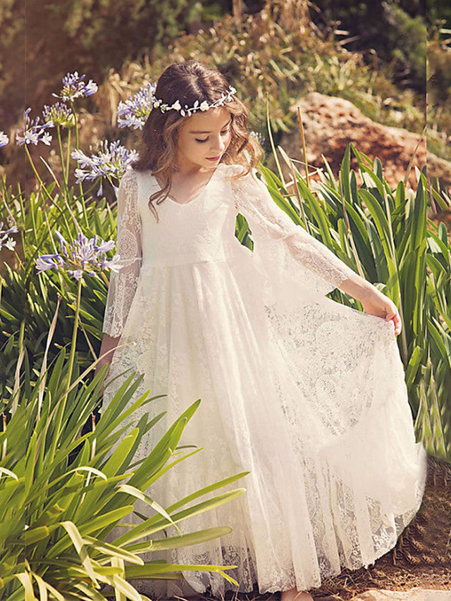 Vestidos largos de corte recto con escote en V para bodas, cumpleaños, fiestas y niñas de las flores, con mangas.