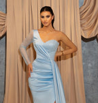 Robe de bal sirène longue bleu ciel à une épaule et fente pailletée