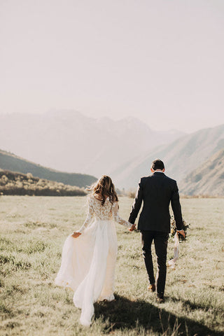 Vestido de novia de manga larga, corte en A, apliques, encaje y gasa