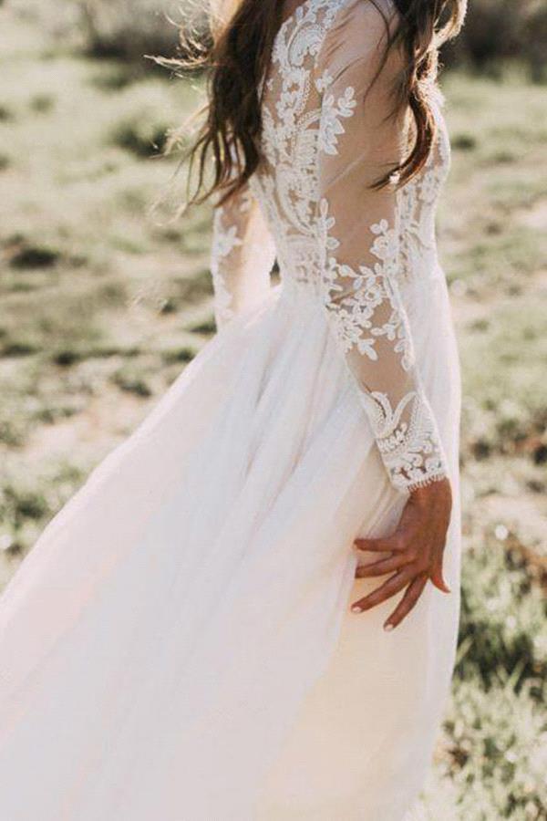Robe de mariée en mousseline de soie ornée de dentelle et d'appliqués, coupe trapèze, manches longues