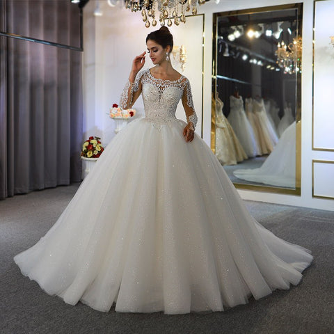 Vestido de novia de manga larga, corte en A, escote barco, apliques de encaje y lentejuelas