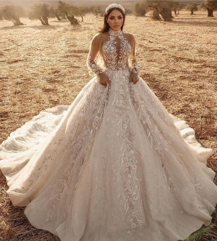 Vestido de novia de tul con encaje, cuello alto, apliques y corte en A, manga larga