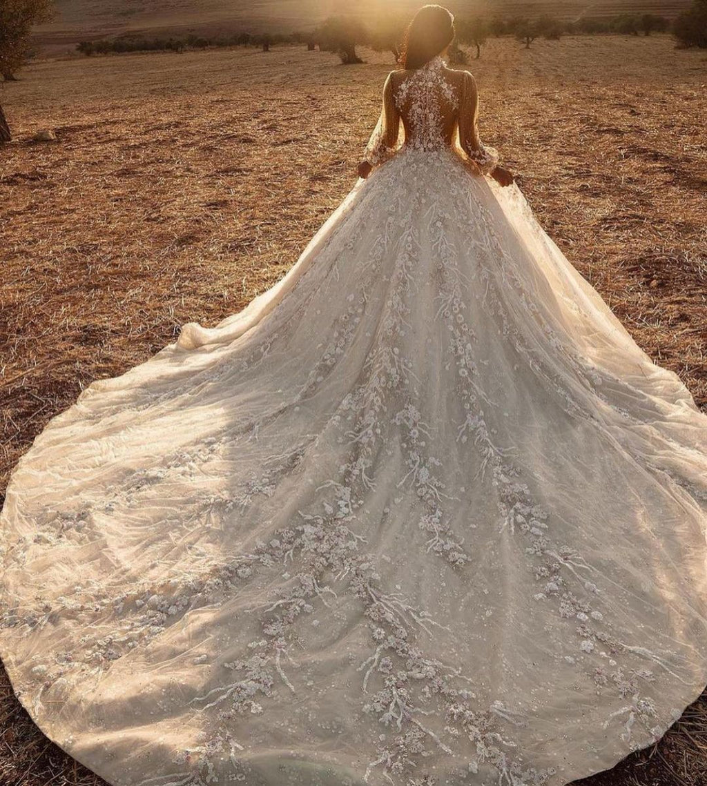 Long Sleeve A-Line High-neck Appliques Lace Tulle Wedding Dress