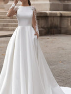 Long Sleeve A-Line Jewel Neck Sweep Brush Train Lace Satin Wedding Dresses with Pockets