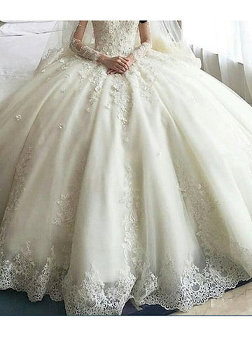 Vestidos de novia de organza, corte en A, manga larga, escote redondo, cola corta, manga larga