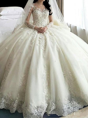 Vestidos de novia de organza, corte en A, manga larga, escote redondo, cola corta, manga larga