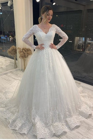 Vestido de novia de tul, corte en A, manga larga, escote en V, apliques de encaje y espalda descubierta