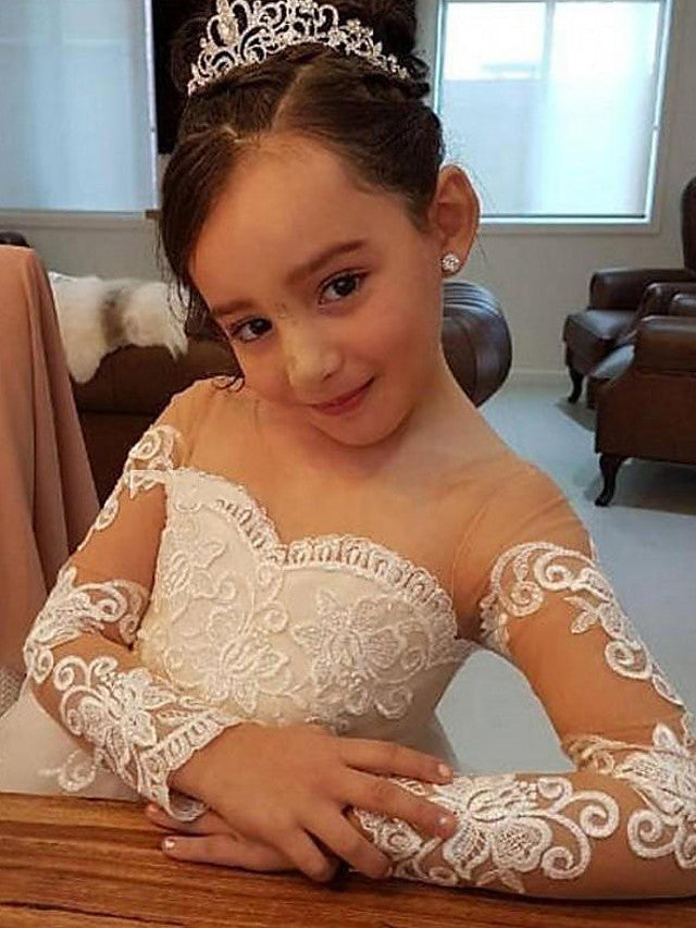 Vestido de novia de manga larga con cola de corte y hombros descubiertos para niña de las flores