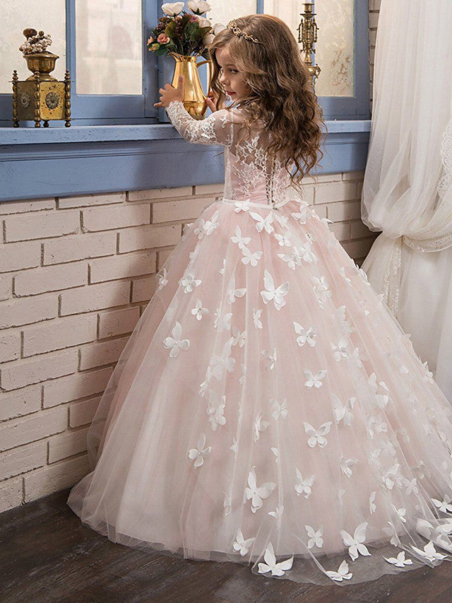 Vestido de gala de manga larga con cuello joya de encaje para primera comunión, cumpleaños o niña de las flores