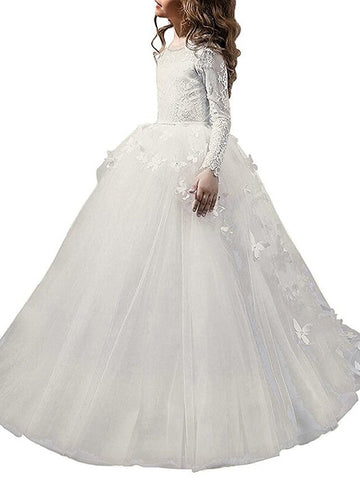 Vestido de gala de manga larga con cuello joya de encaje para primera comunión, cumpleaños o niña de las flores