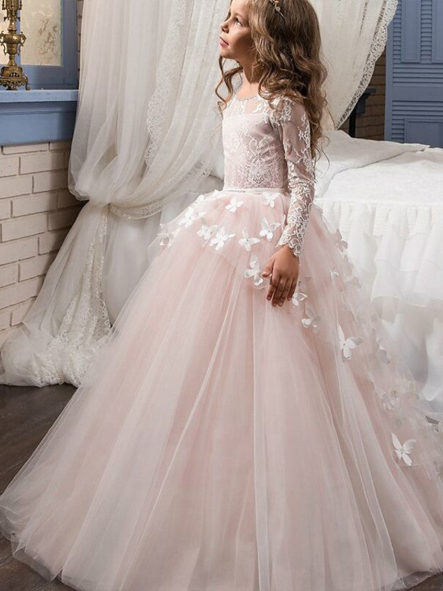 Vestido de gala de manga larga con cuello joya de encaje para primera comunión, cumpleaños o niña de las flores