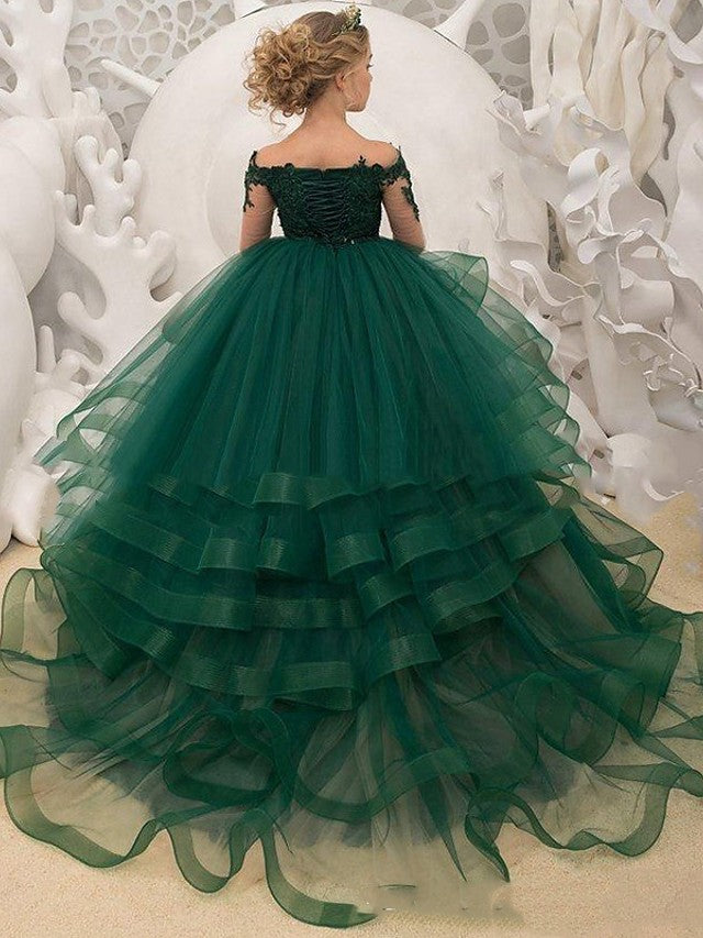 Vestido de gala de manga larga con tul y encaje, cola de cepillo, ideal para bodas, fiestas y niñas de las flores.