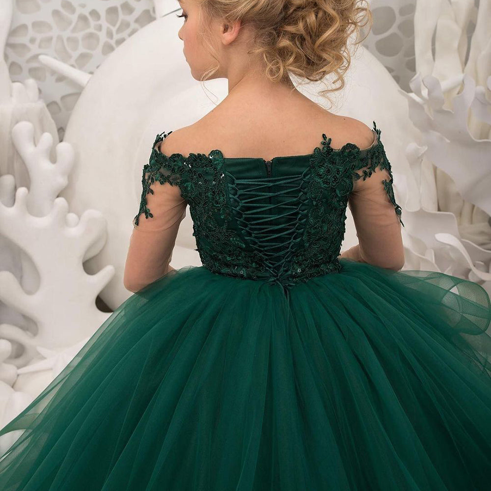 Vestido de gala de manga larga con tul y encaje, cola de cepillo, ideal para bodas, fiestas y niñas de las flores.