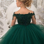 Vestido de gala de manga larga con tul y encaje, cola de cepillo, ideal para bodas, fiestas y niñas de las flores.