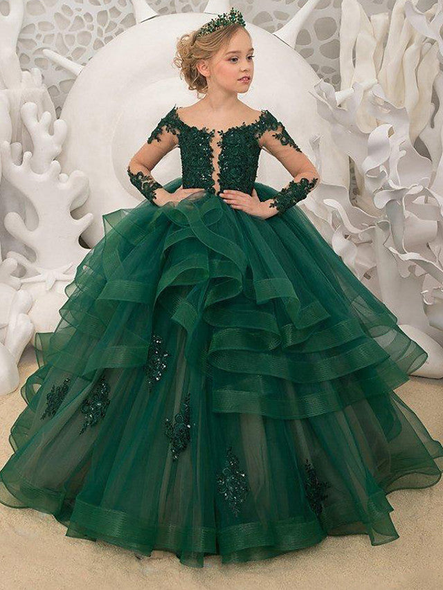 Vestido de gala de manga larga con tul y encaje, cola de cepillo, ideal para bodas, fiestas y niñas de las flores.