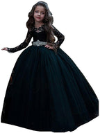 Vestido de gala negro de manga larga con cola de cepillo para bodas, fiestas y niñas de las flores