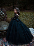 Vestido de gala negro de manga larga con cola de cepillo para bodas, fiestas y niñas de las flores