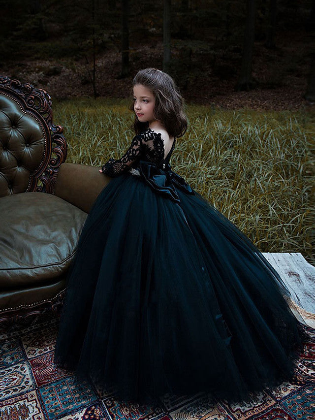 Vestido de gala negro de manga larga con cola de cepillo para bodas, fiestas y niñas de las flores