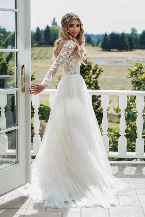 Robe de mariée dos nu en tulle ivoire transparent à manches longues WD302