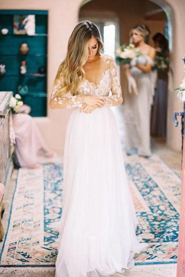 Robe de mariée dos nu en tulle ivoire transparent à manches longues WD302