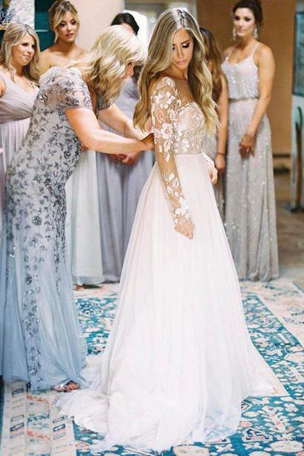 Robe de mariée dos nu en tulle ivoire transparent à manches longues WD302