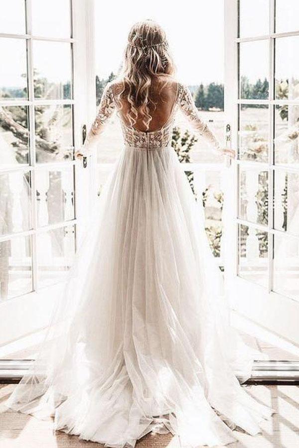 Robe de mariée dos nu en tulle ivoire transparent à manches longues WD302