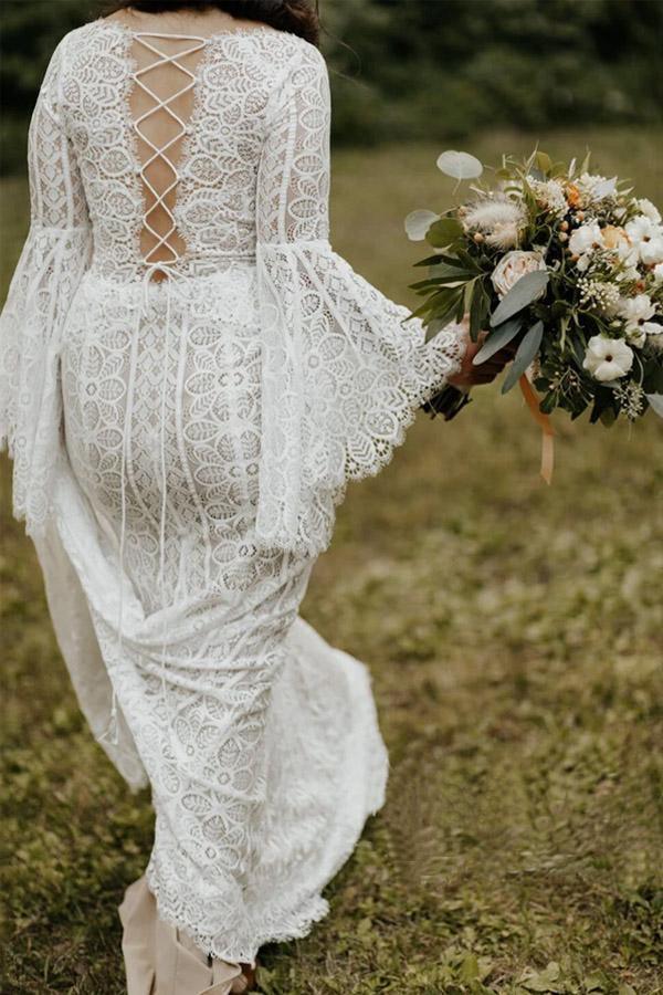 Robe de mariée en dentelle à manches longues et dos lacé, modèle WD547